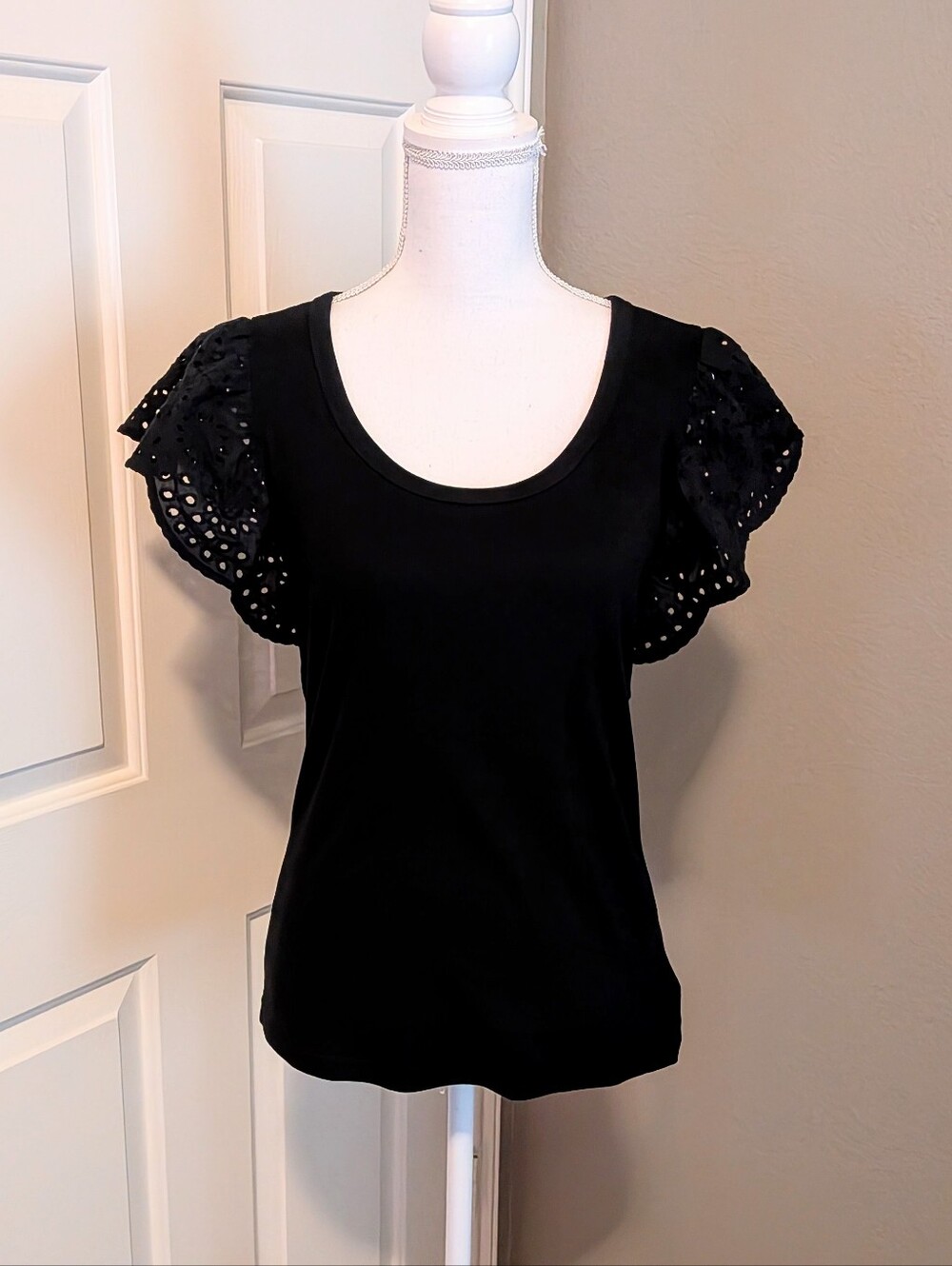 GAP Black Eyelet Flutter Sleeve Scoop Neck Top